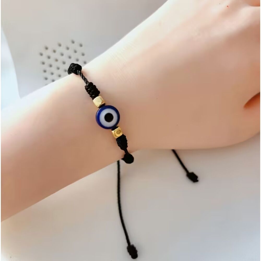 2x Evil Eye Black Cord Adjustable Protection Bracelets Nazar Good Luck Matching